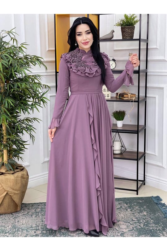 Fırfırlı Abiye 16815 Leylak