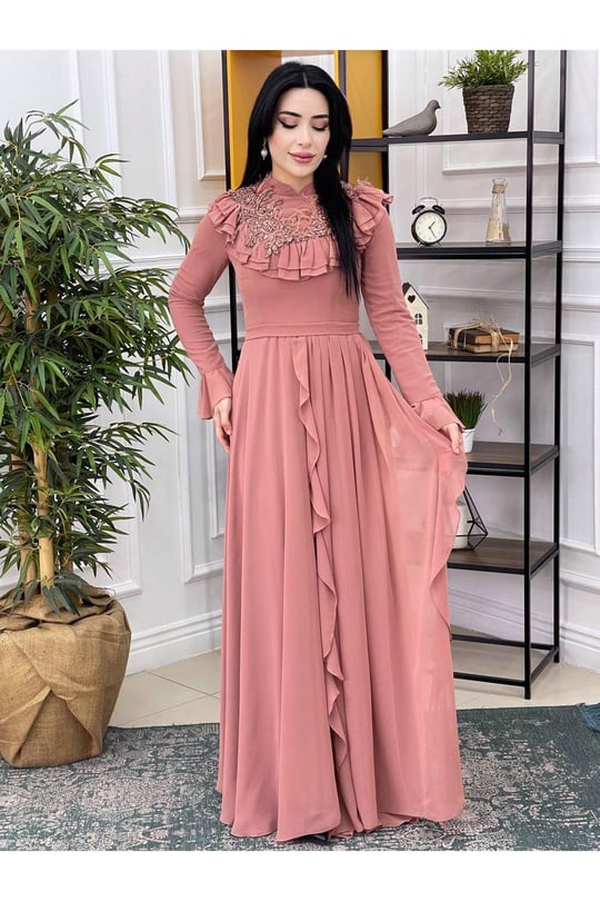 Fırfırlı Abiye 16815 Taba