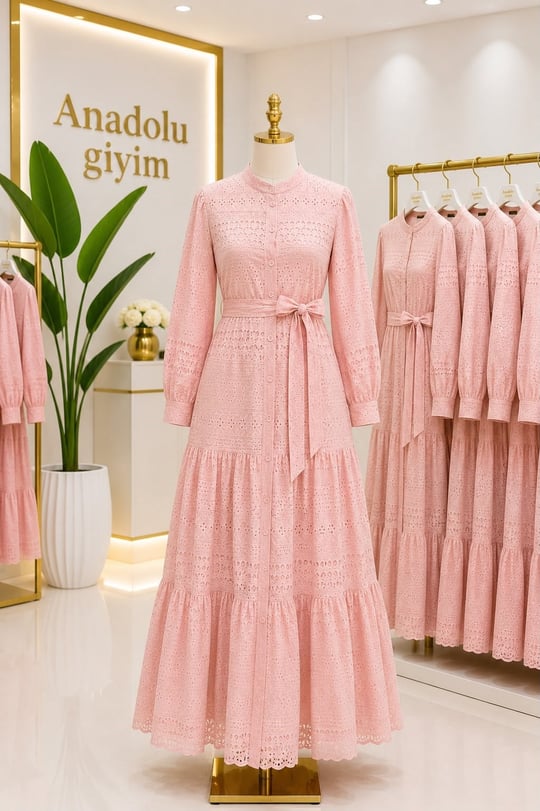 Fisto Nakışlı Düğmeli Elbise 1818 T-26 pembe