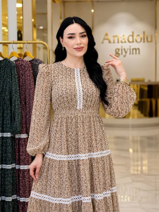 Fisto Şerit Cim Cim Çiçek Şifon Elbise 5329 T-26 Bej