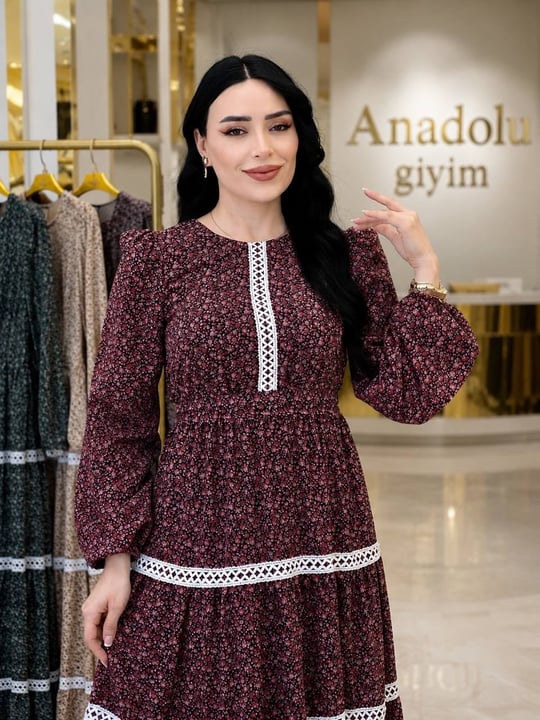 Fisto Şerit Cim Cim Çiçek Şifon Elbise 5329 T-26 Bordo