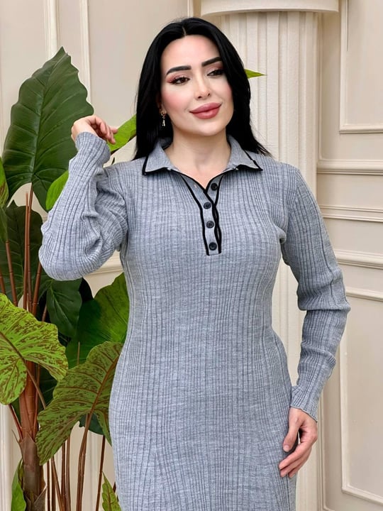Fitilli Düğmeli Triko Elbise 10815 t-24 Gri