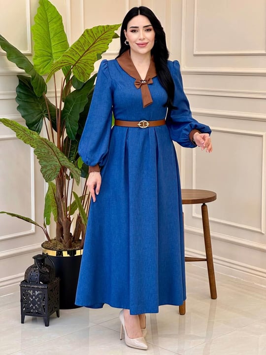 Fiyonklu Bebe Yaka Elbise 7057 e025 İndigo Mavi