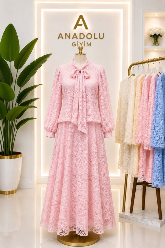 Fularlı Güpür Balon Kol Etekli Takım 1841 T-26 pembe