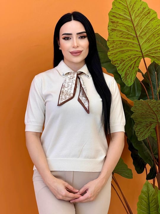 Fularlı Kısa Kol Kazak 140502 T-25 Ekru