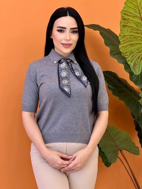 Fularlı Kısa Kol Kazak 140502 T-25 Gri