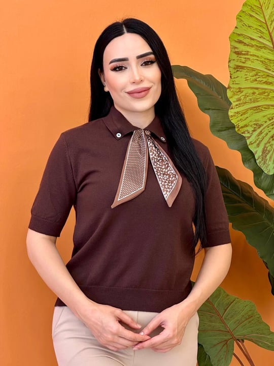 Fularlı Kısa Kol Kazak 140502 T-25 Kahverengi