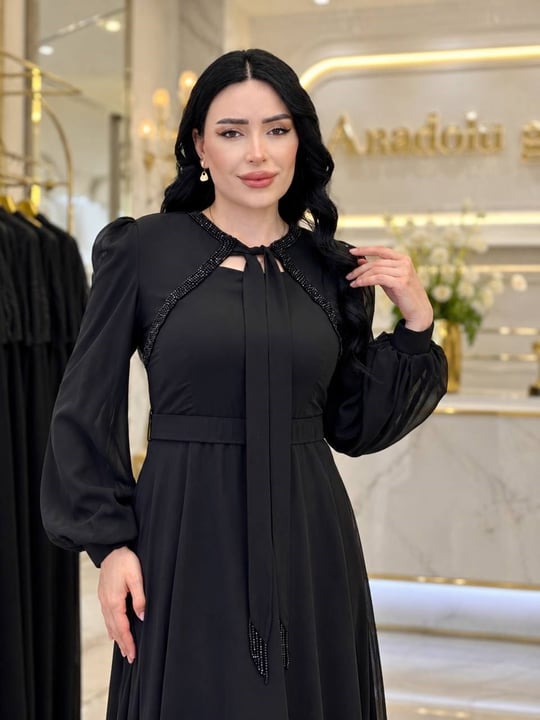 Fularlı Kristan Şifon Elbise 7081 T-26 Siyah