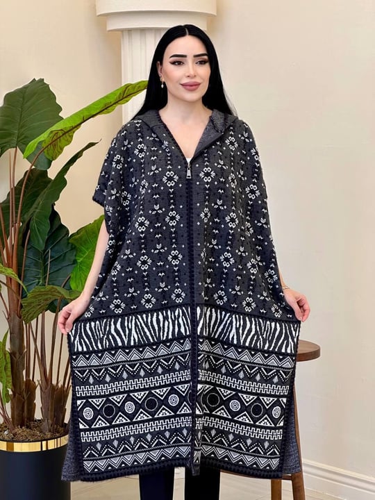 Geometrik Desen Kısa Uzun Panço 3041 T-25 Siyah