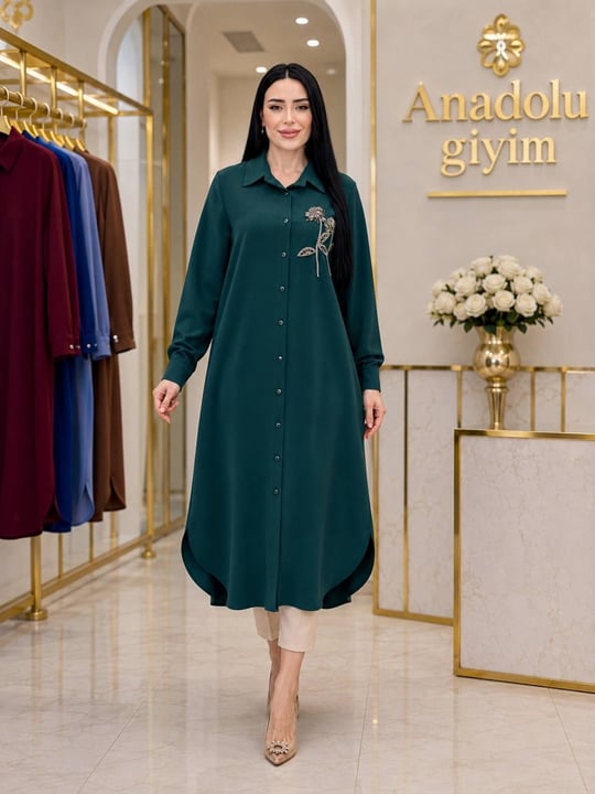 Göğüs Çiçek İşleme Uzun Düğmeli Tunik 2246 T-26 Zümrüt Yeşil