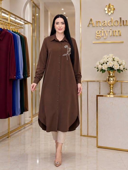 Göğüs Çiçek İşleme Uzun Düğmeli Tunik 2246 T-26 Kahverengi