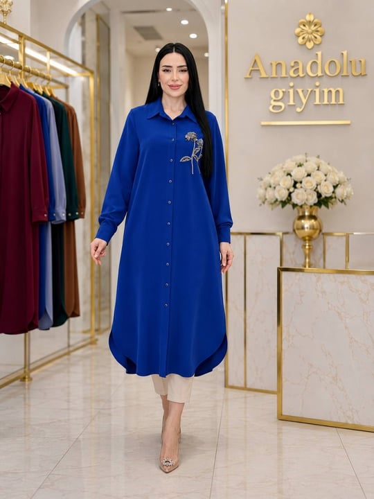 Göğüs Çiçek İşleme Uzun Düğmeli Tunik 2246 T-26 Saks