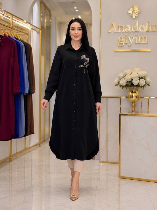 Göğüs Çiçek İşleme Uzun Düğmeli Tunik 2246 T-26 Siyah