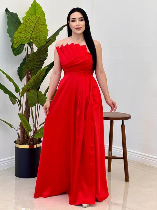 Gögüs Drape Straplez Abiye 4741 Kırmızı