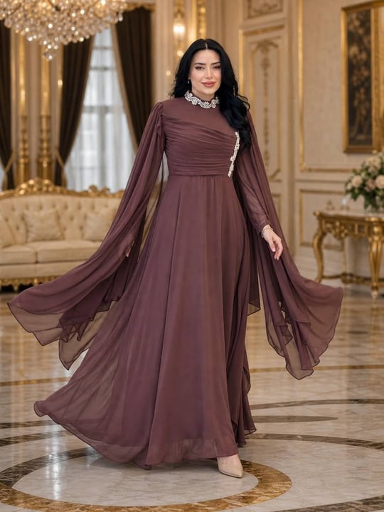 Göğüs Drape Taşlı Şifon Elbise 7142 T-26 Kahverengi