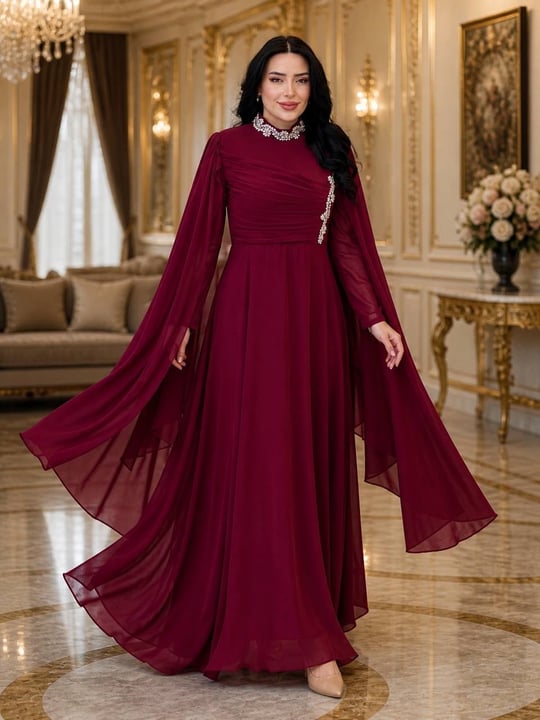 Göğüs Drape Taşlı Şifon Elbise 7142 T-26 Bordo