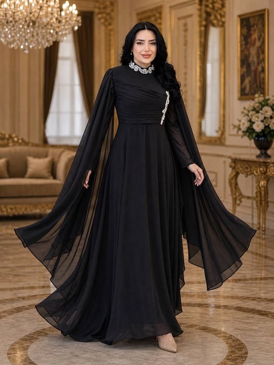 Göğüs Drape Taşlı Şifon Elbise 7142 T-26 Siyah