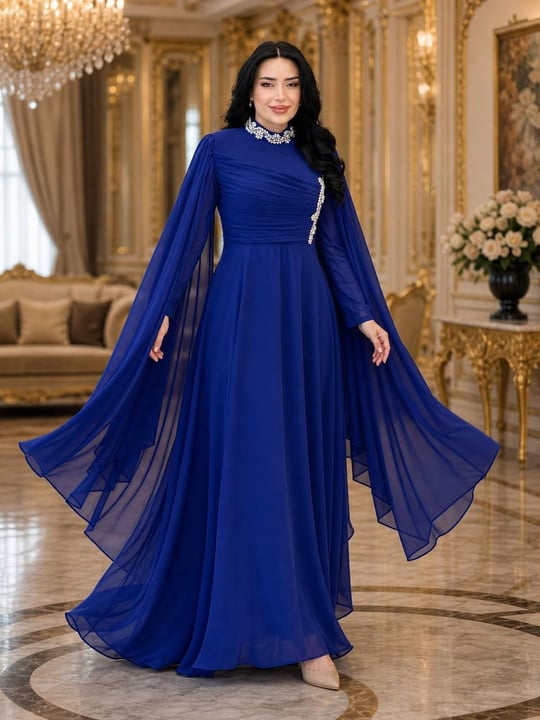 Göğüs Drape Taşlı Şifon Elbise 7142 T-26 Saks