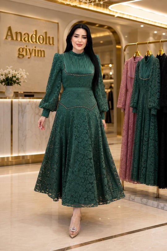 Göğüs JanJan Drape Güpür Abiye 123 T-26 Zümrüt Yeşil