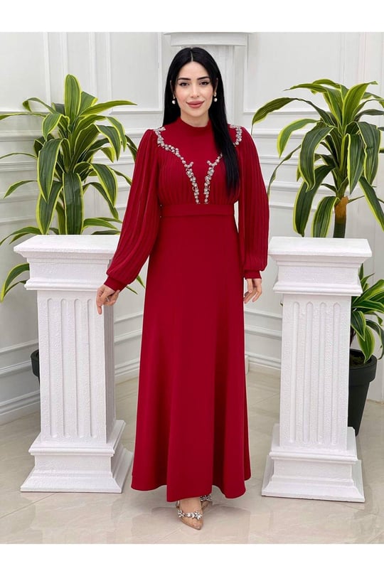 Gögüs Kol Pilise Elbise 3782 Kırmızı
