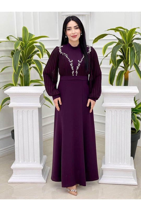 Gögüs Kol Pilise Elbise 3782 Mor