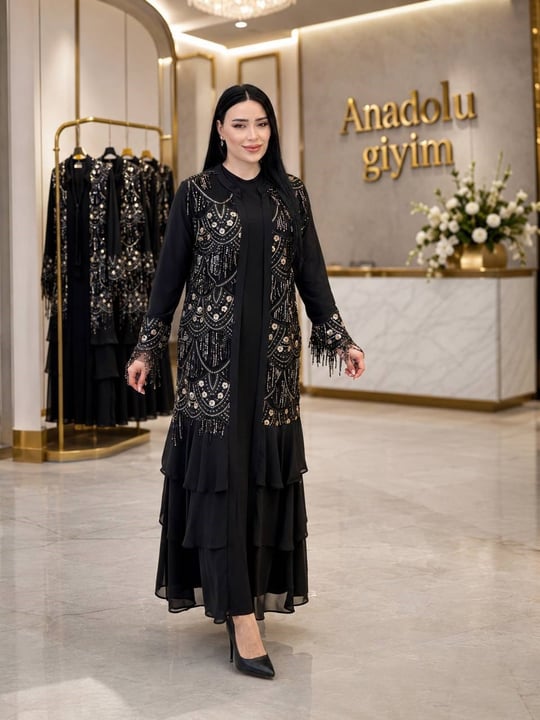 Gold İşleme Elbiseli Abaya Takım 477 T-26 Siyah