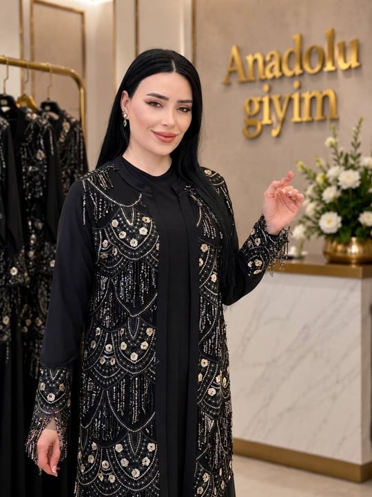 Gold İşleme Elbiseli Abaya Takım 477 T-26 Siyah