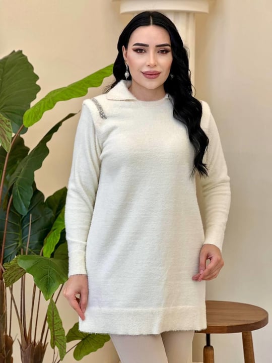 Gömlek Yaka Taşlı Tunik 140443 T-25 Ekru