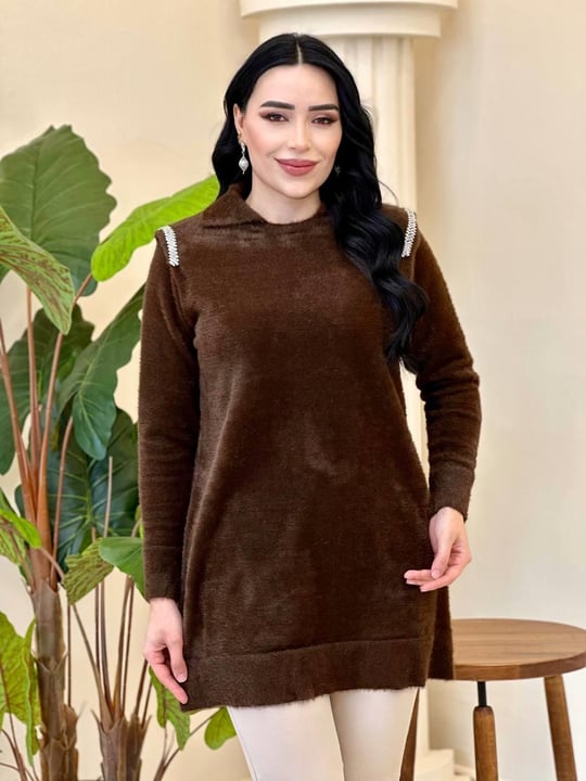 Gömlek Yaka Taşlı Tunik 140443 T-25 Kahverengi