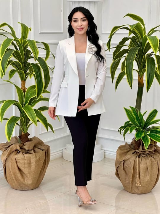 Gül Broşlu Ceket 11328 T-24 Beyaz
