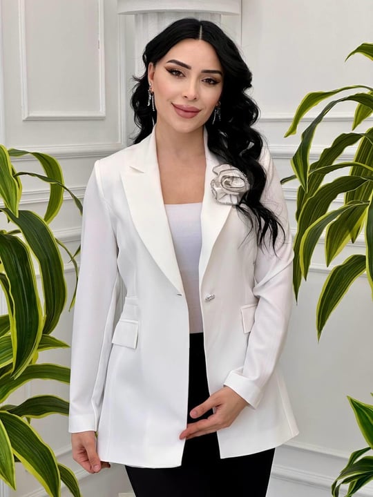 Gül Broşlu Ceket 11328 T-24 Beyaz