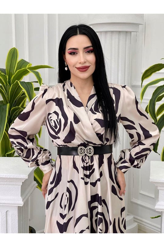 Gül Desen Saten Elbise 4016 Ekru