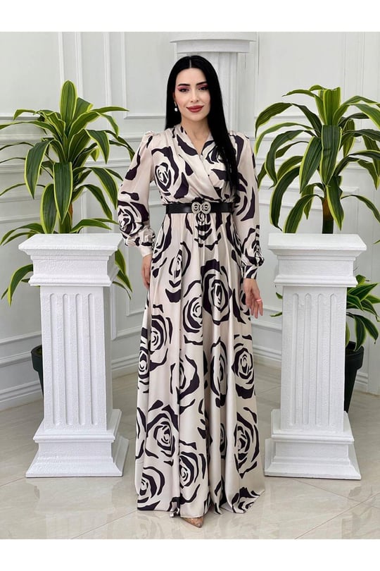Gül Desen Saten Elbise 4016 Ekru