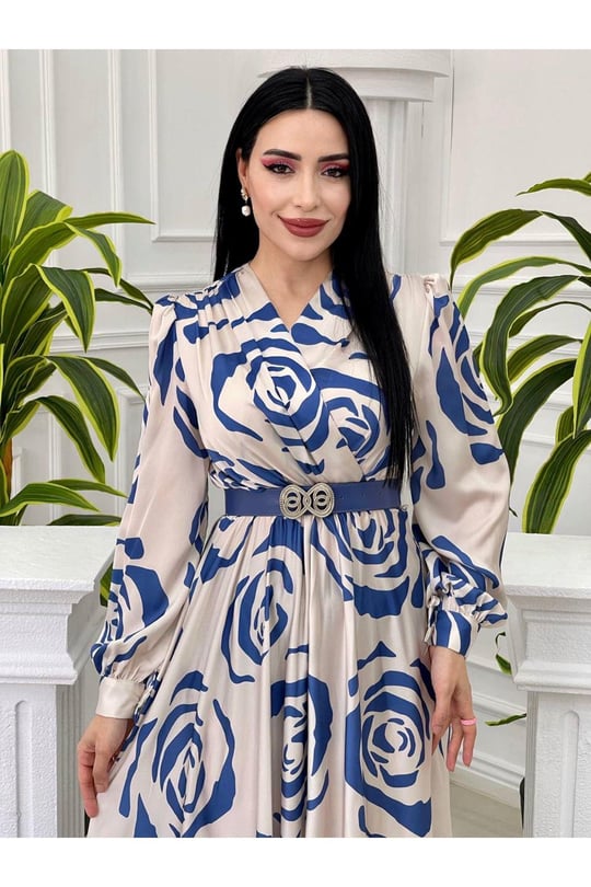 Gül Desen Saten Elbise 4016 Ekru Mavi
