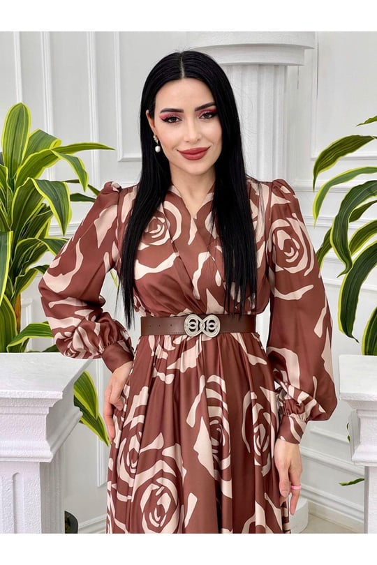 Gül Desen Saten Elbise 4016 Kahverengi