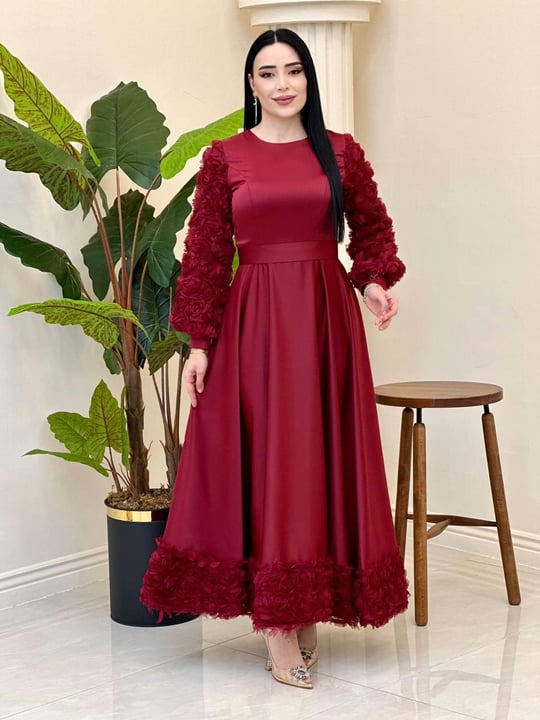 Gül Detay Saten Elbise 4661 T-25 Bordo