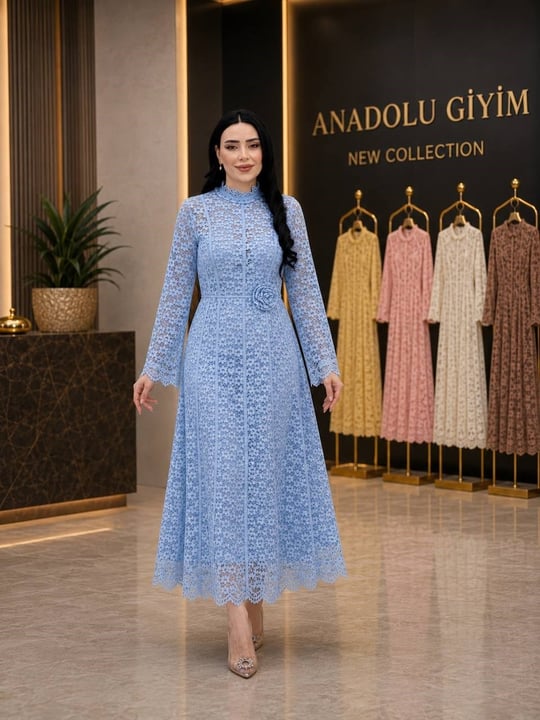 Gül Kemer Güpür Elbise 9064 T-26 Mavi