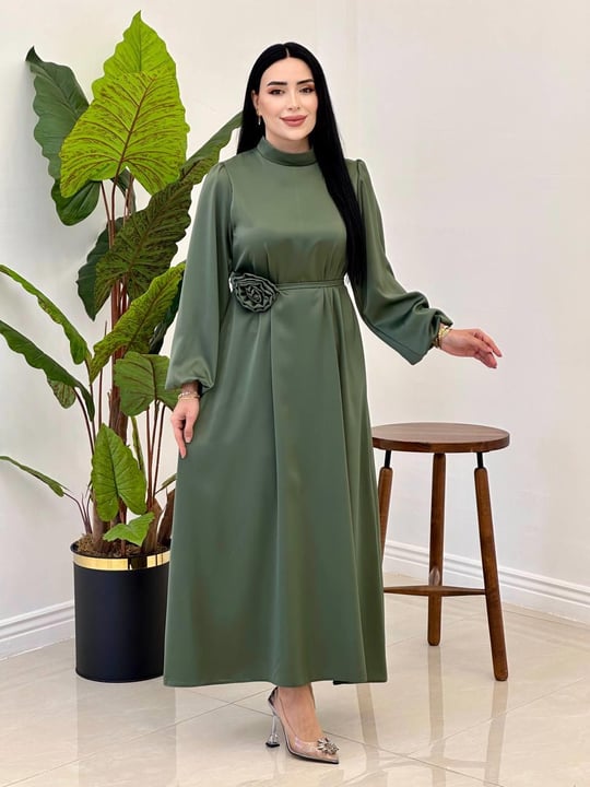 Gül Kemer Saten Elbise 4658 Haki