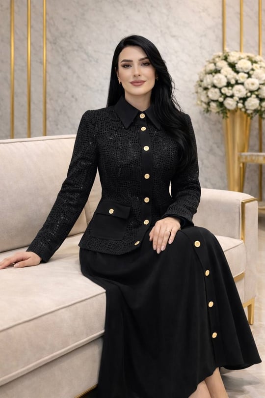 Güpür Ceket Üçlü Etekli Takım 5026 T-26 Siyah