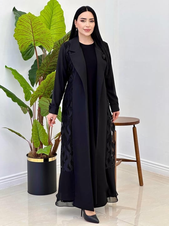 Güpür Detay Abaya Elbise 2120 Siyah