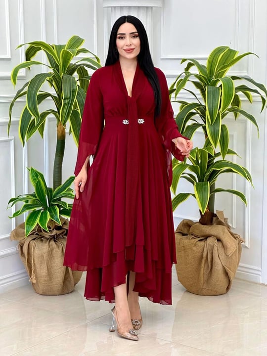 Hürrem Kol Florlı Şifon Elbise 0385 t-024 Bordo