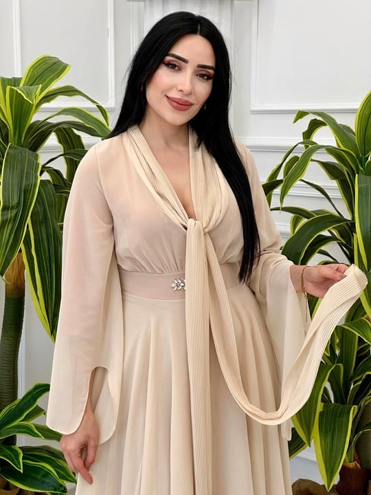 Hürrem Kol Florlı Şifon Elbise 0385 t-024 Bej