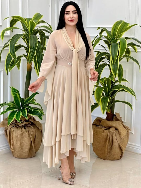 Hürrem Kol Florlı Şifon Elbise 0385 t-024 Bej