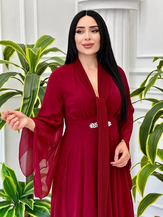 Hürrem Kol Florlı Şifon Elbise 0385 t-024 Bordo
