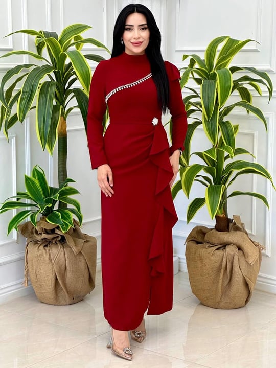 İnci Detay Eteği Volanlı Krep Elbise 0657 t-24 Bordo