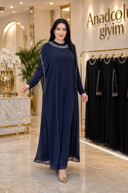 İnci İşleme Abaya Elbise 863 T-26 Lacivert