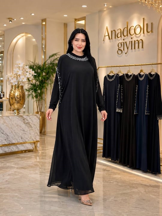 İnci İşleme Abaya Elbise 863 T-26 Siyah