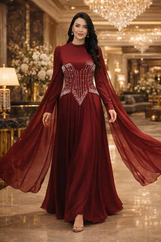 İnci İşleme Korsajlı Jan Jan Abiye 5536 T-26 Bordo