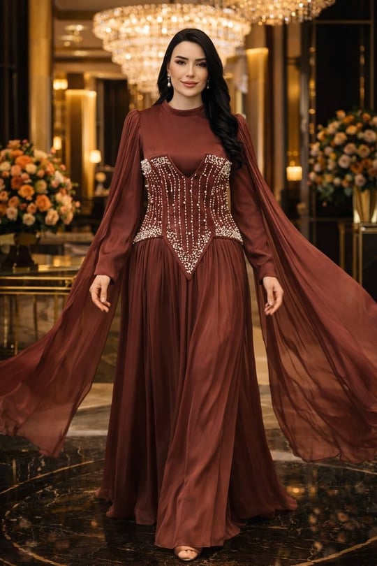 İnci İşleme Korsajlı Jan Jan Abiye 5536 T-26 Kahverengi