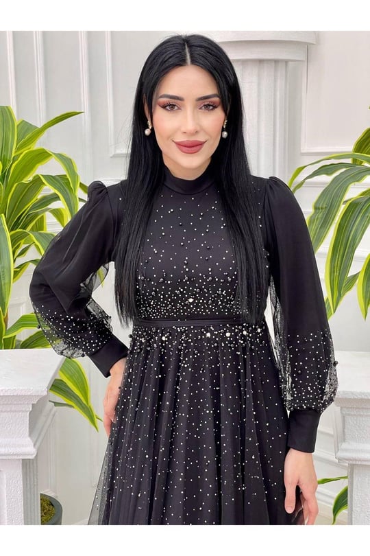 İnci Taş İşleme Tül Elbise 4151 Siyah